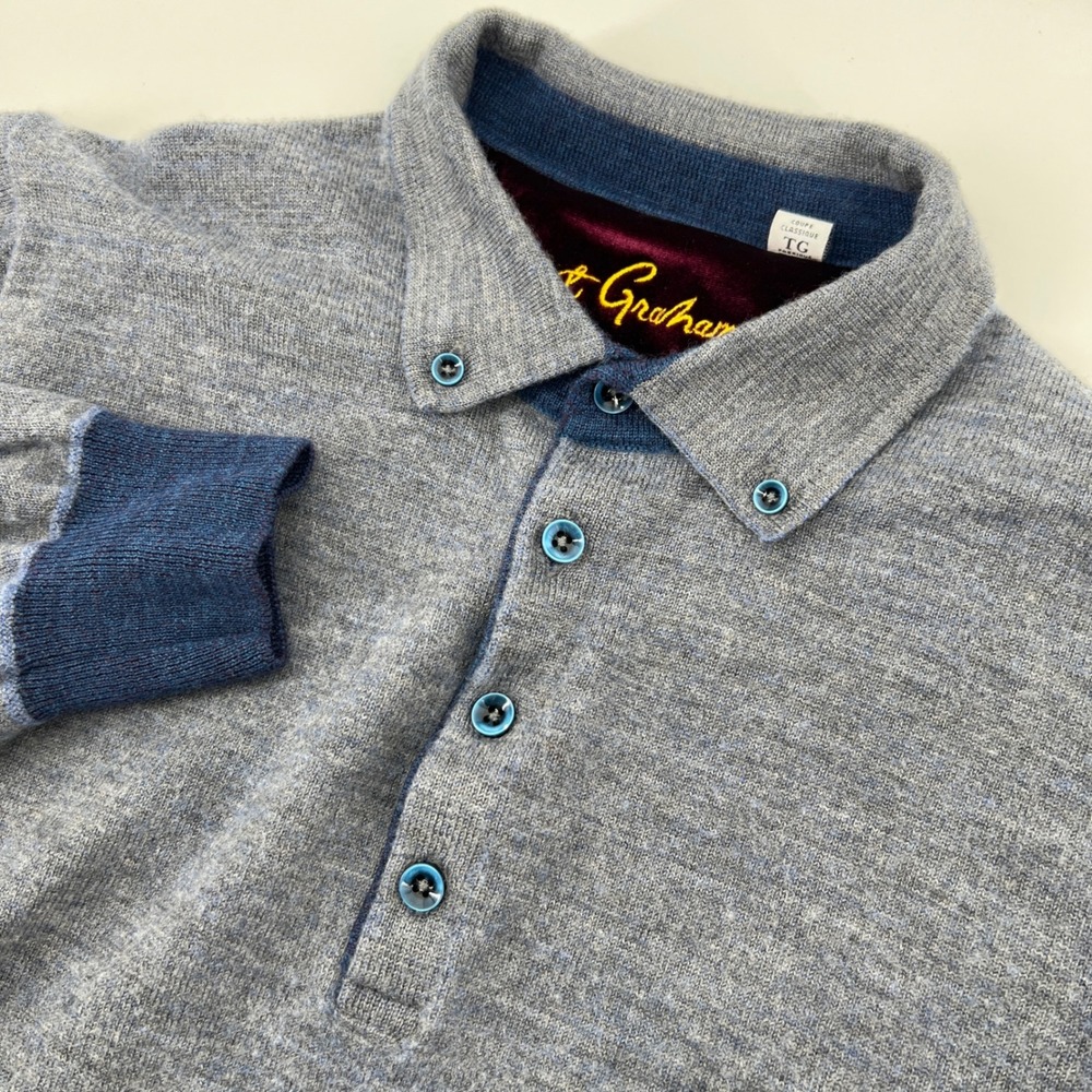Robert Graham Mens XL Blue Wool Blend Long Sleeve Button Polo Shirt